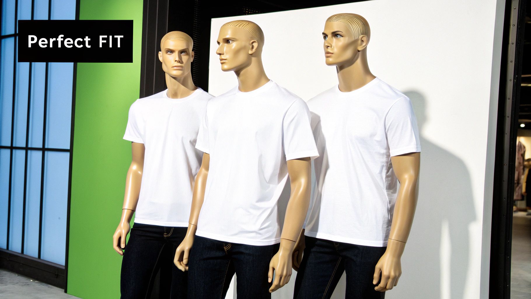 Three male mannequins display plain white ribbed t-shirts and dark jeans in a store setting.