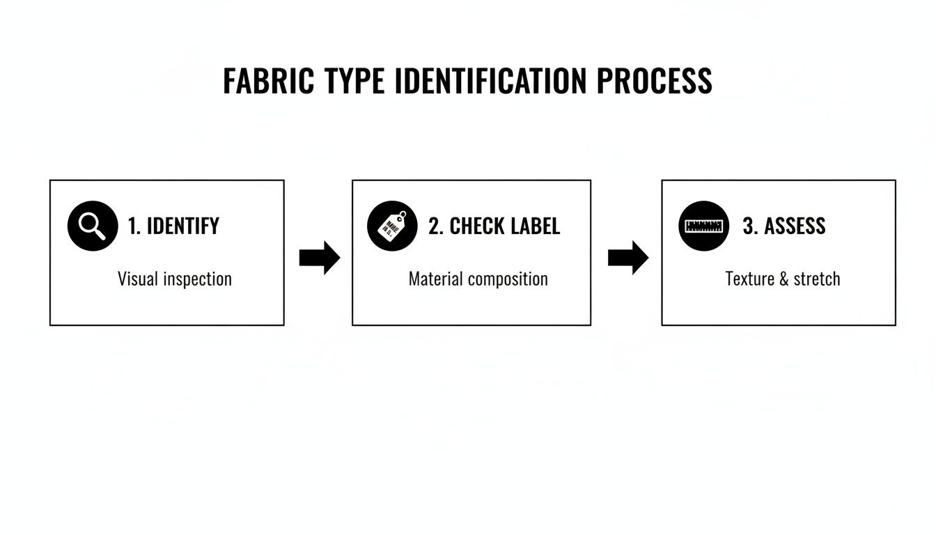 Flowchart illustrating the fabric type identification process with steps: Identify, Check Label, and Assess.