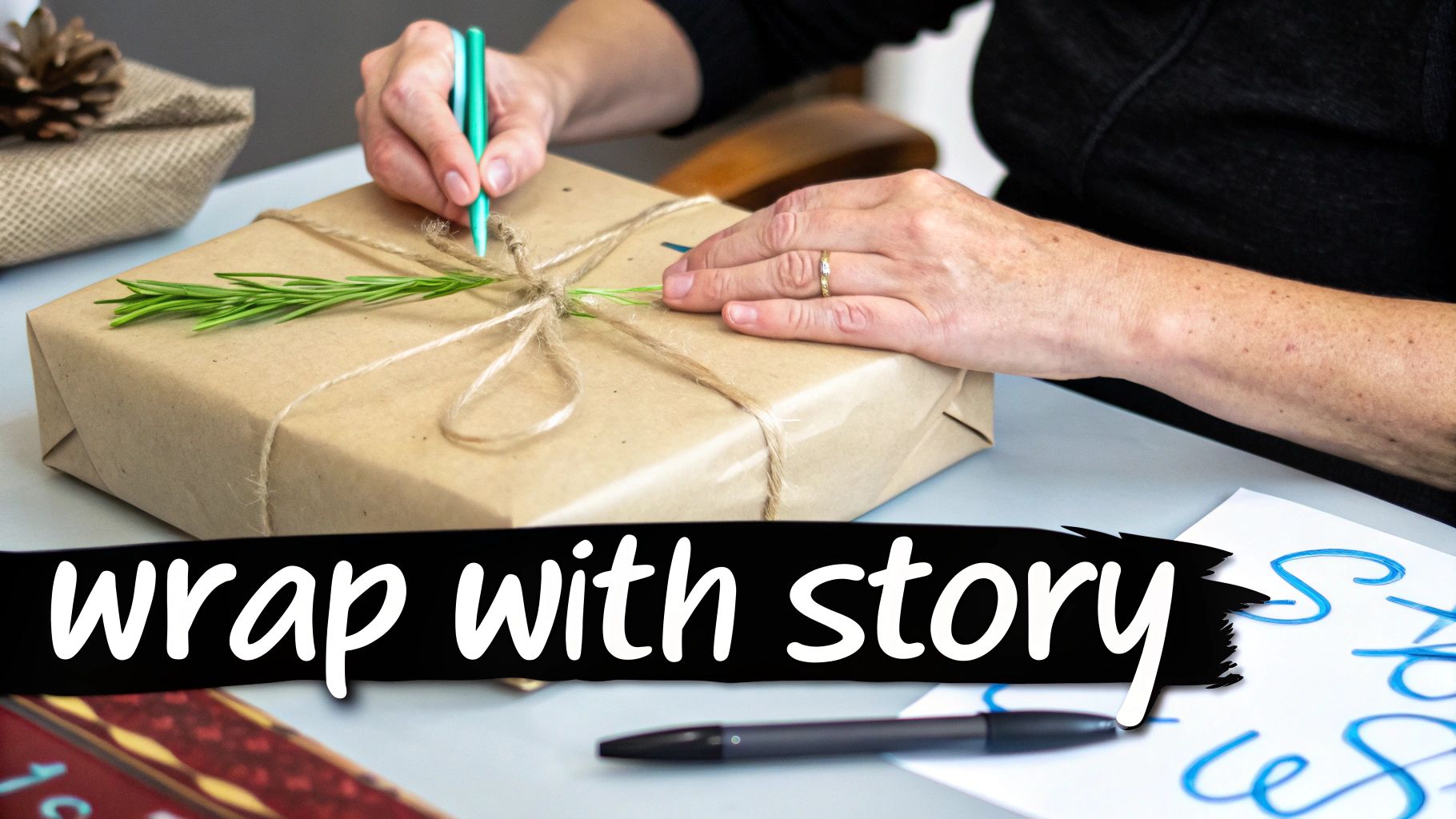 A person carefully wrapping a gift with artisanal paper and twine, with various unique Brooklyn-themed items arranged nearby.