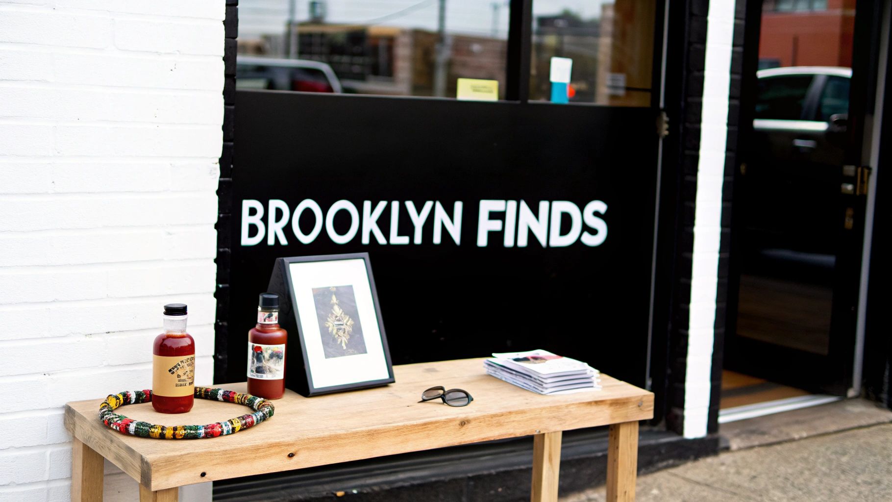Outdoor display of unique gifts and hot sauce bottles on a wooden table in front of 'Brooklyn Finds' store.