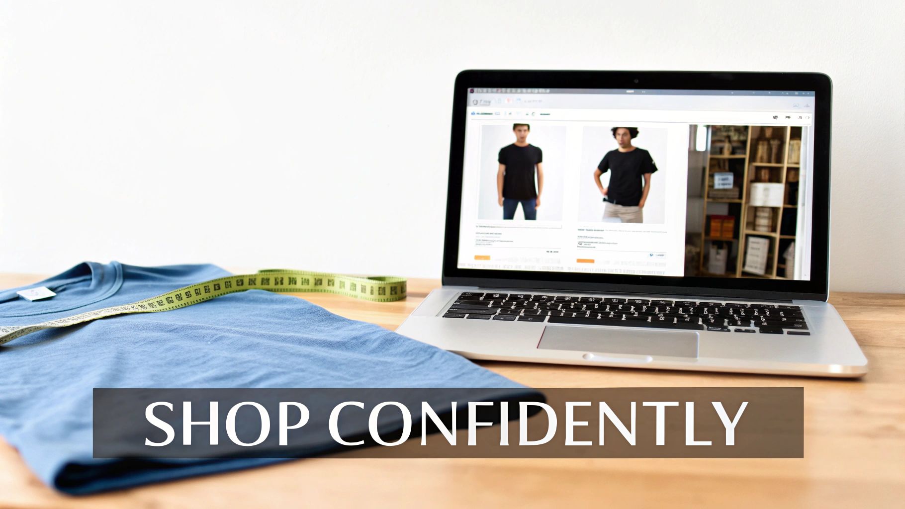 A blue t-shirt with a measuring tape on a wooden table next to a laptop showing an online menswear shop.