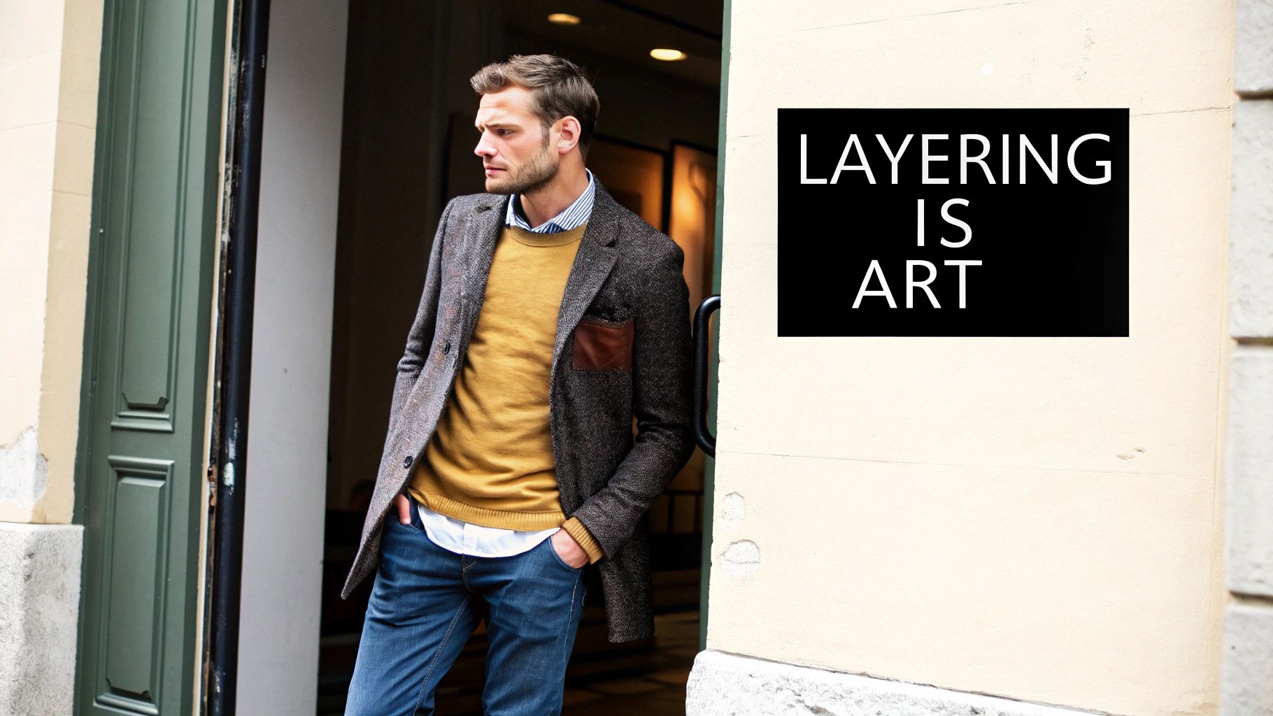 A man layering a jacket over a hoodie and t-shirt, showcasing men's clothing layers.