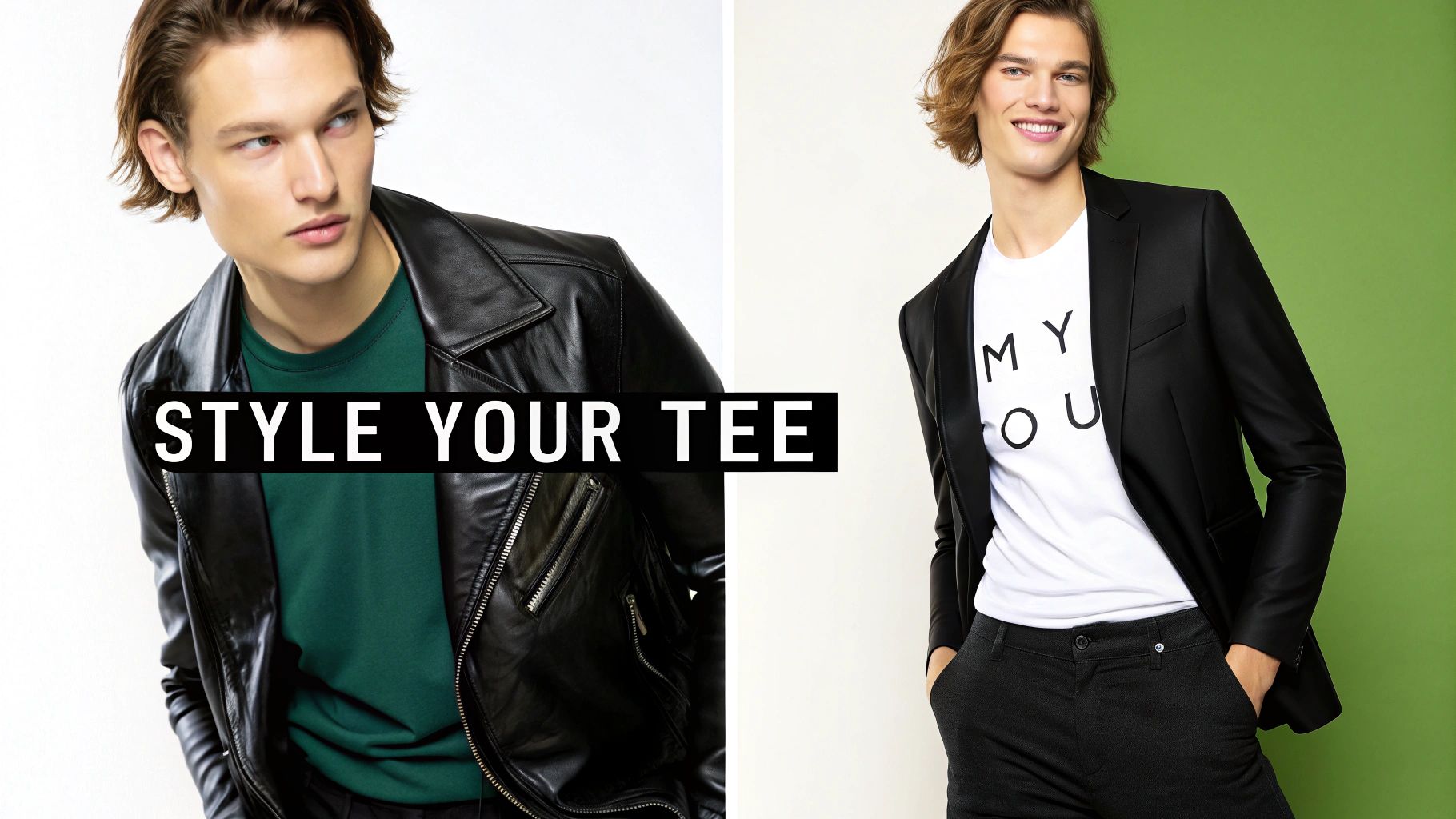 Two male models demonstrate stylish ways to wear tee shirts with jackets and blazers.