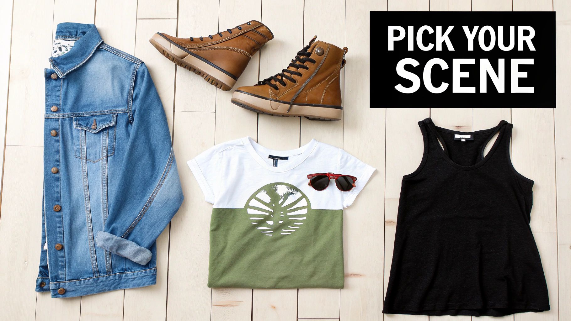 A flat lay of casual summer outfits including a denim jacket, sneakers, t-shirt, sunglasses, and a tank top.
