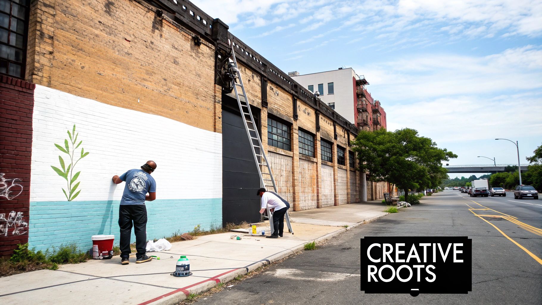 A black and white photo showing an old industrial Brooklyn street scene with the Brooklyn Bridge in the background.