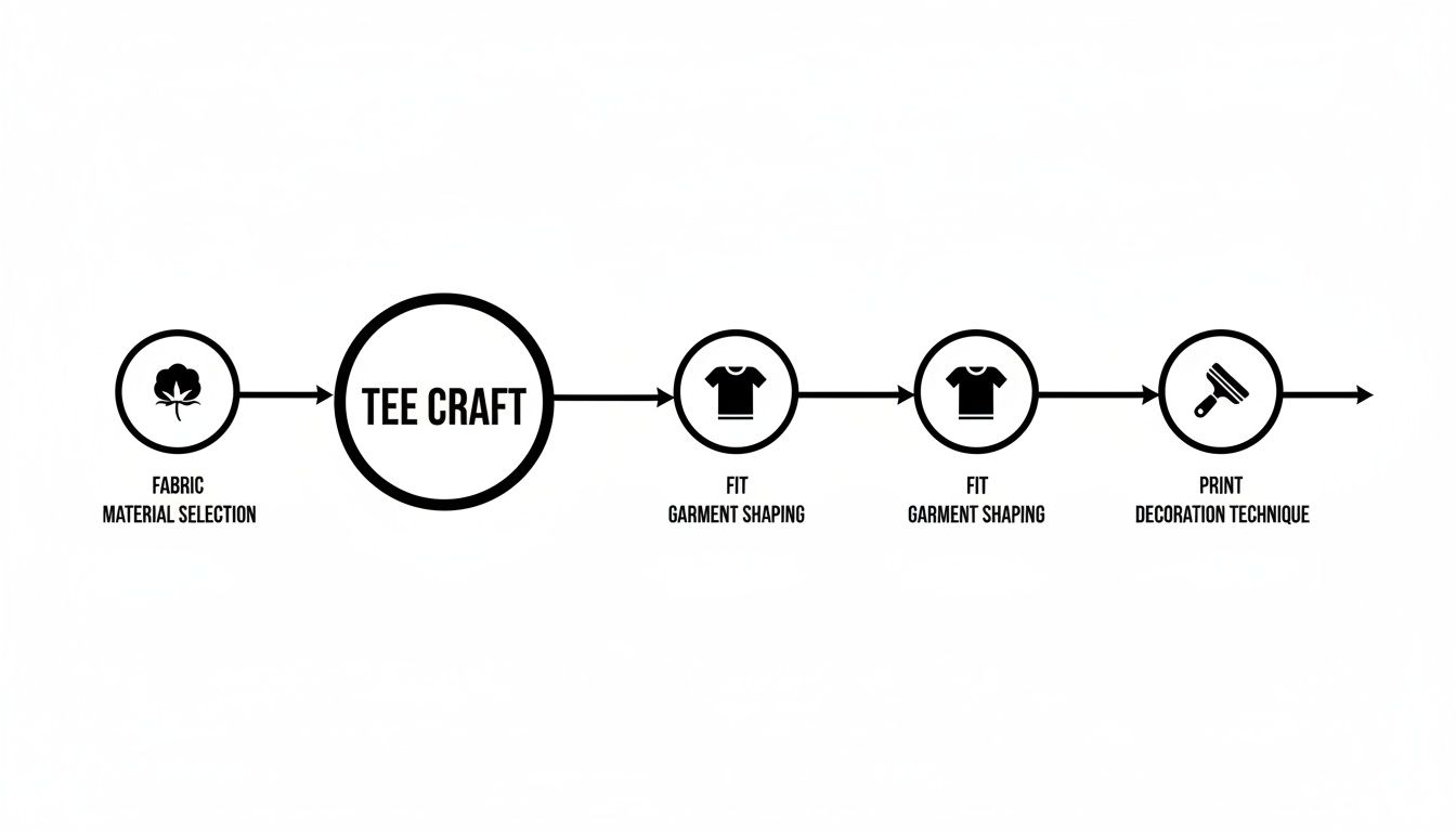 A black and white diagram illustrating the T-shirt crafting process from material selection to printing.