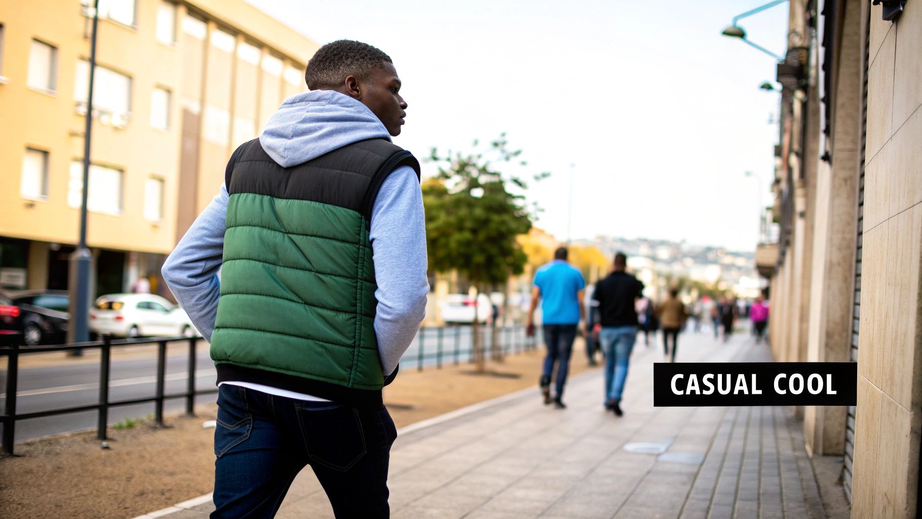 A person layering a casual puffer vest over a long-sleeve shirt for a stylish, everyday look.