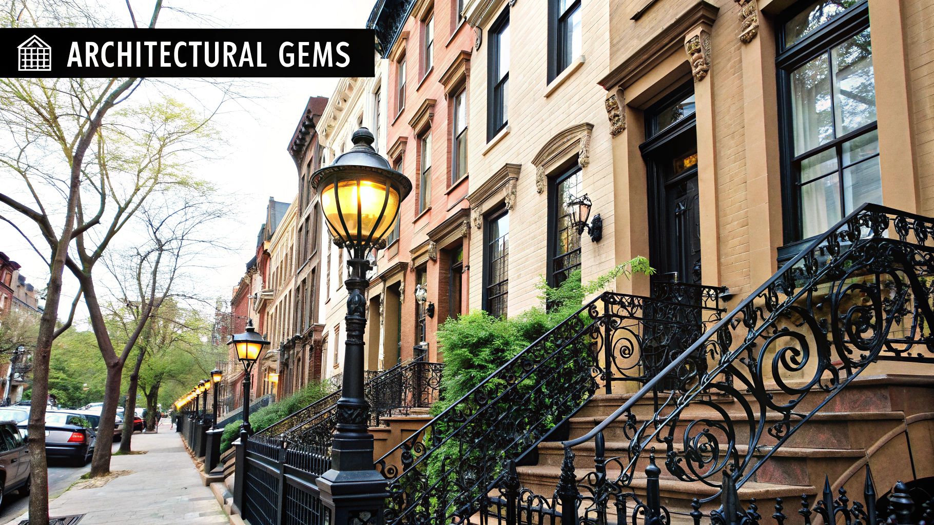 A wide-angle shot of historic brownstone buildings in Brooklyn Heights on a sunny day.