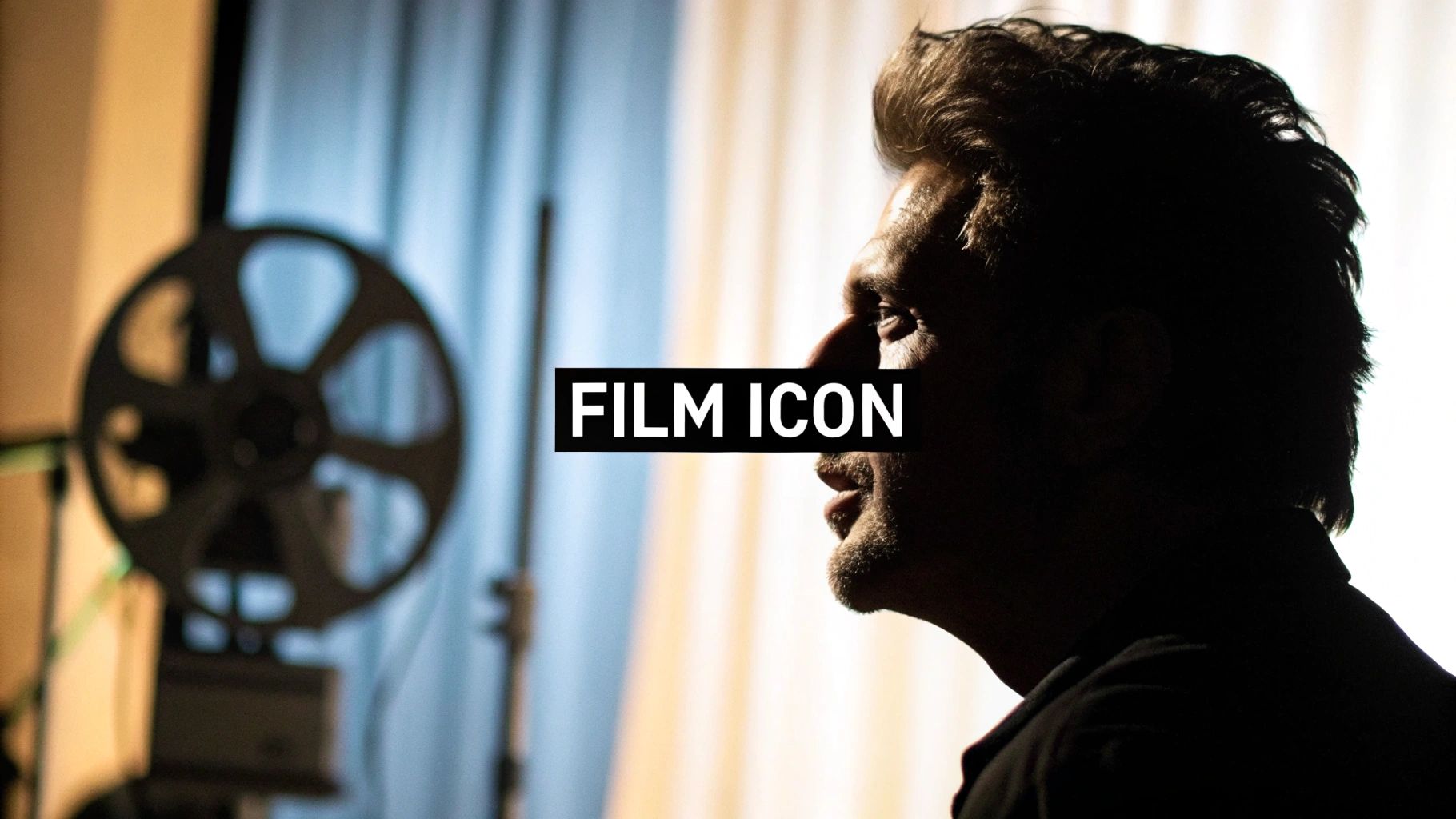 A man's profile, partly silhouetted against a light background, with a blurry film reel and 'FILM ICON' text.