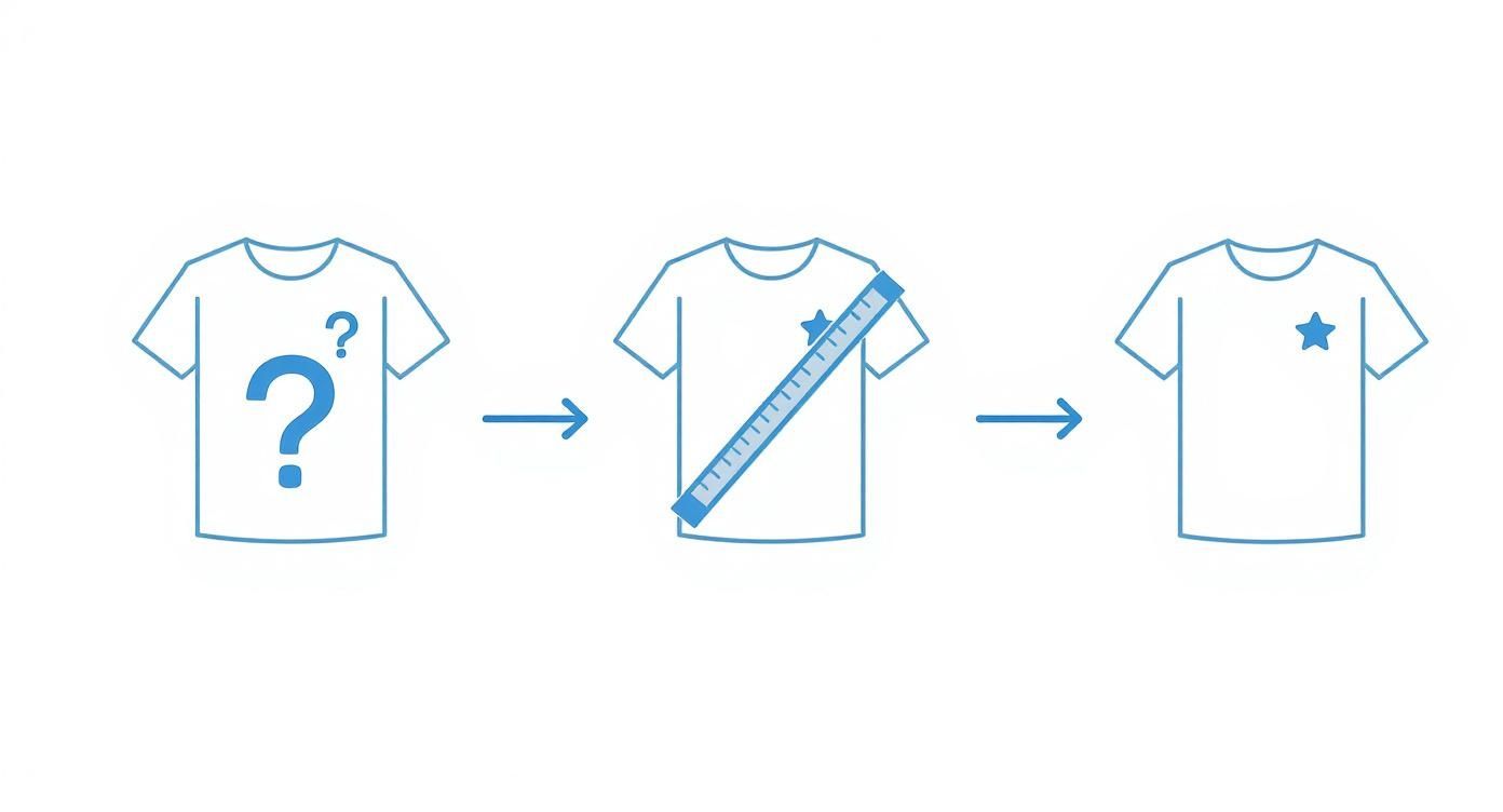 Graphic demonstrating the process of measuring a t-shirt for perfect star design placement.