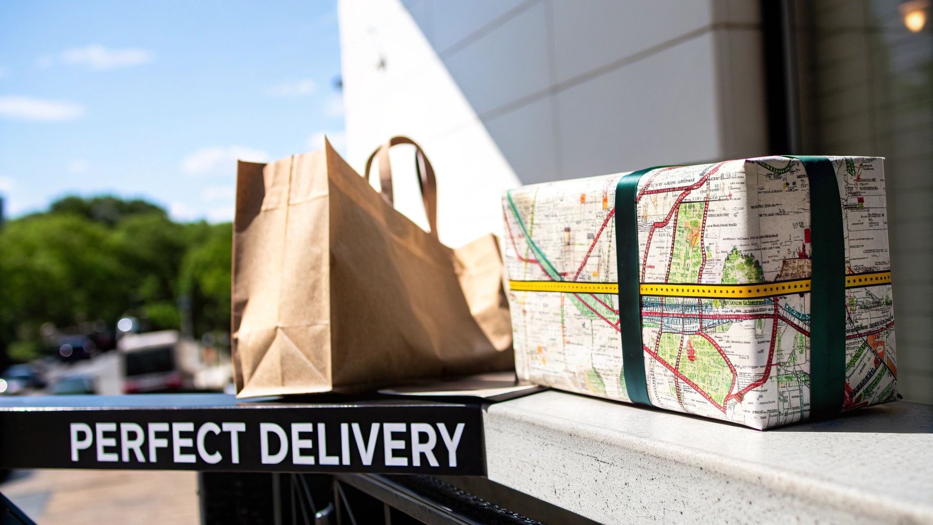 A person wrapping a gift with creative, NYC-themed paper.