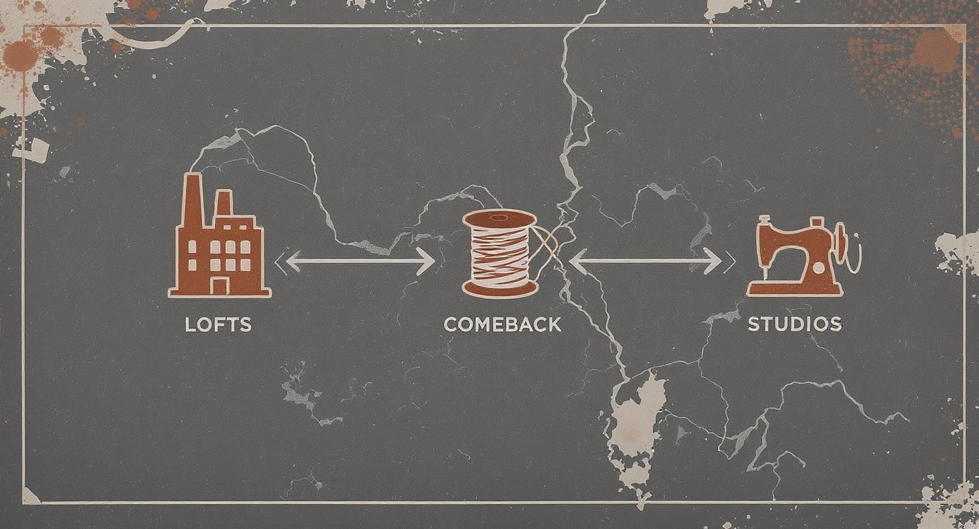 A vintage diagram illustrating lofts, a thread spool labeled 'comeback,' and sewing machine studios.