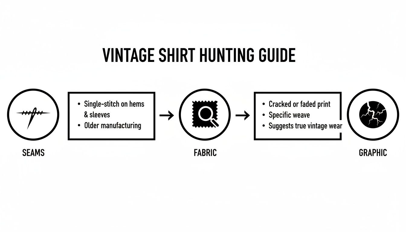 A flowchart titled 'Vintage Shirt Hunting Guide' illustrates key characteristics to identify vintage shirts by seams, fabric, and graphic.