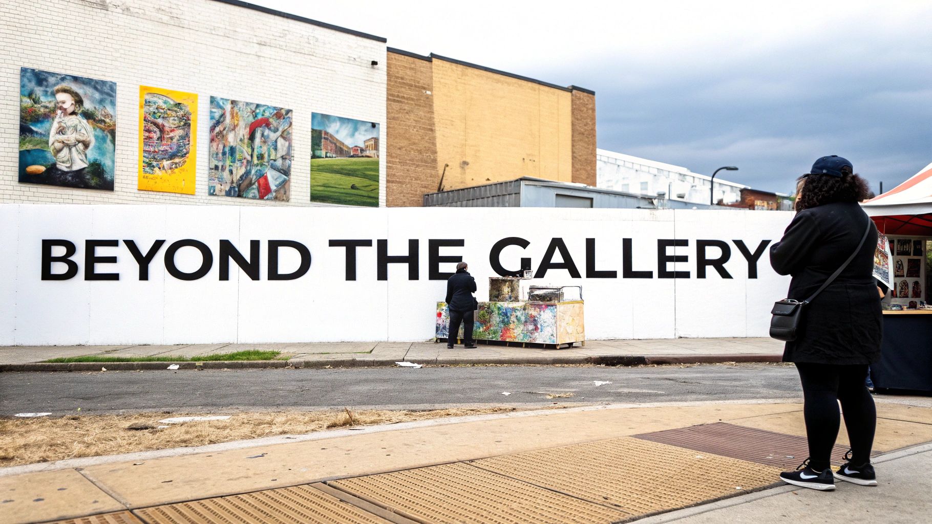 Outdoor art display 'Beyond The Gallery' with diverse paintings on a white wall, observed by people.