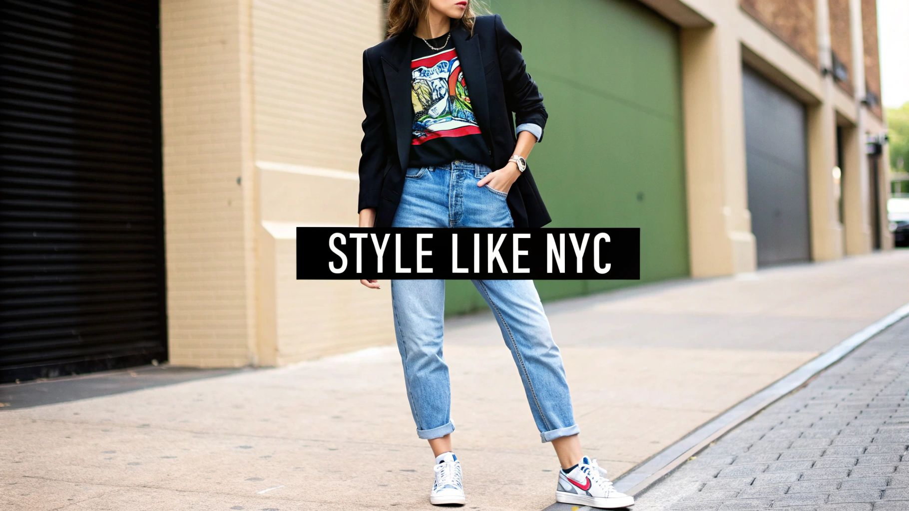 A stylish woman on a city street wearing a black blazer, graphic tee, light wash jeans, and sneakers.
