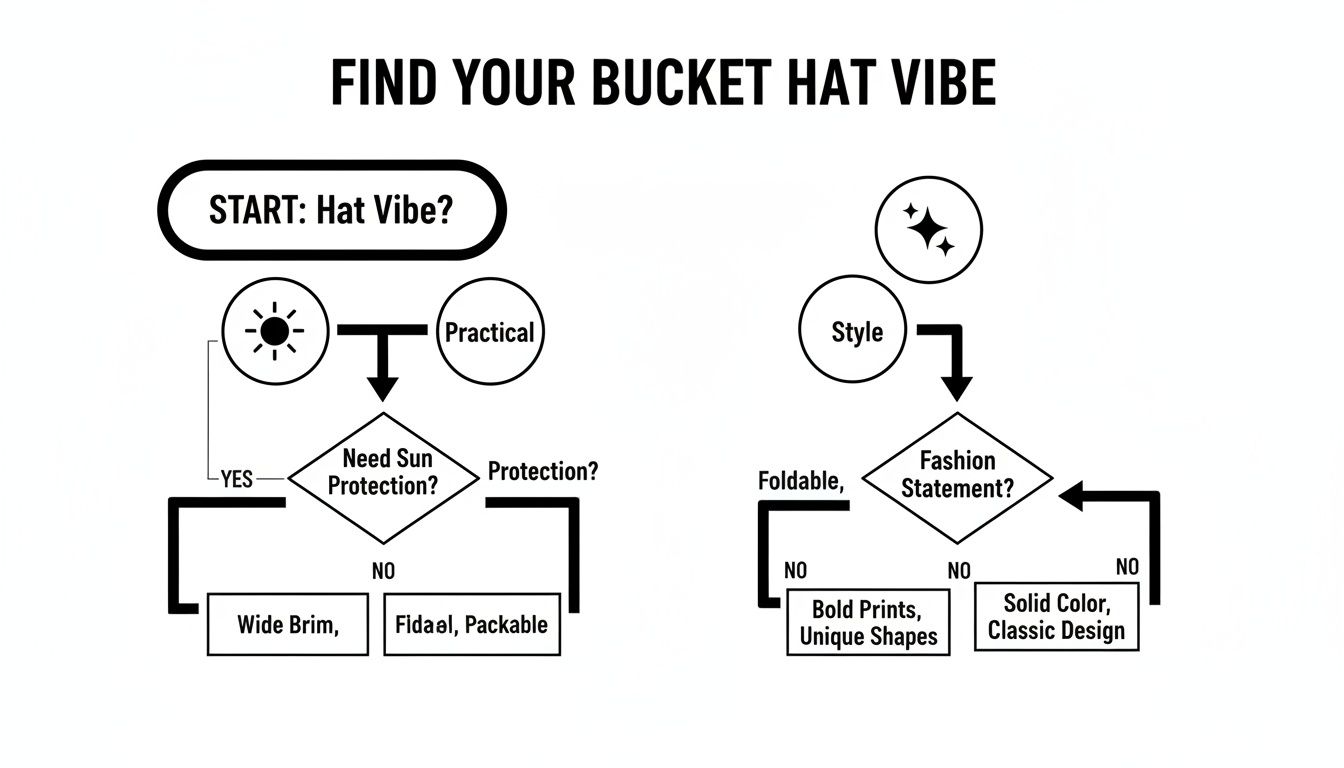 A flowchart guiding users to find their bucket hat vibe based on practical or style considerations.