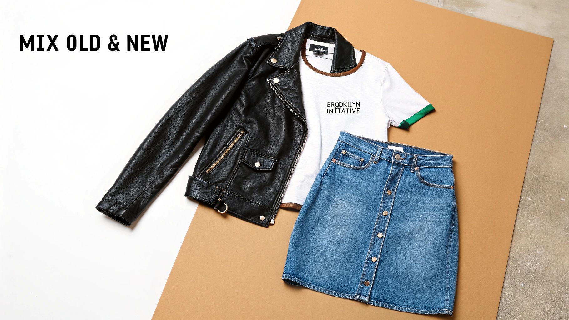 A stylish flat lay of a black leather jacket, white graphic t-shirt, and blue denim skirt.