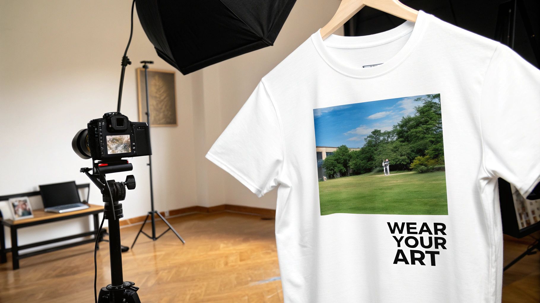 A direct-to-garment printer applying a colorful design to a t-shirt.