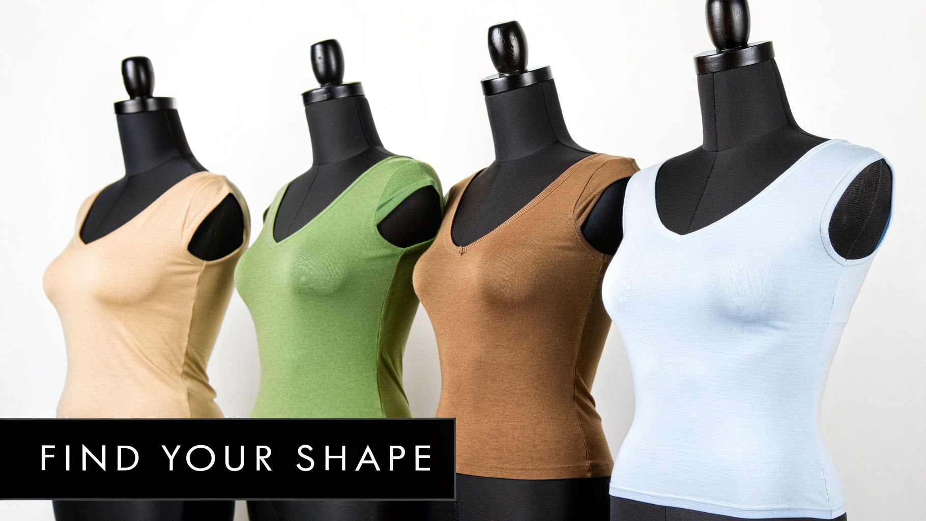 Four mannequins display form-fitting V-neck tops in beige, green, brown, and light blue against a white background.