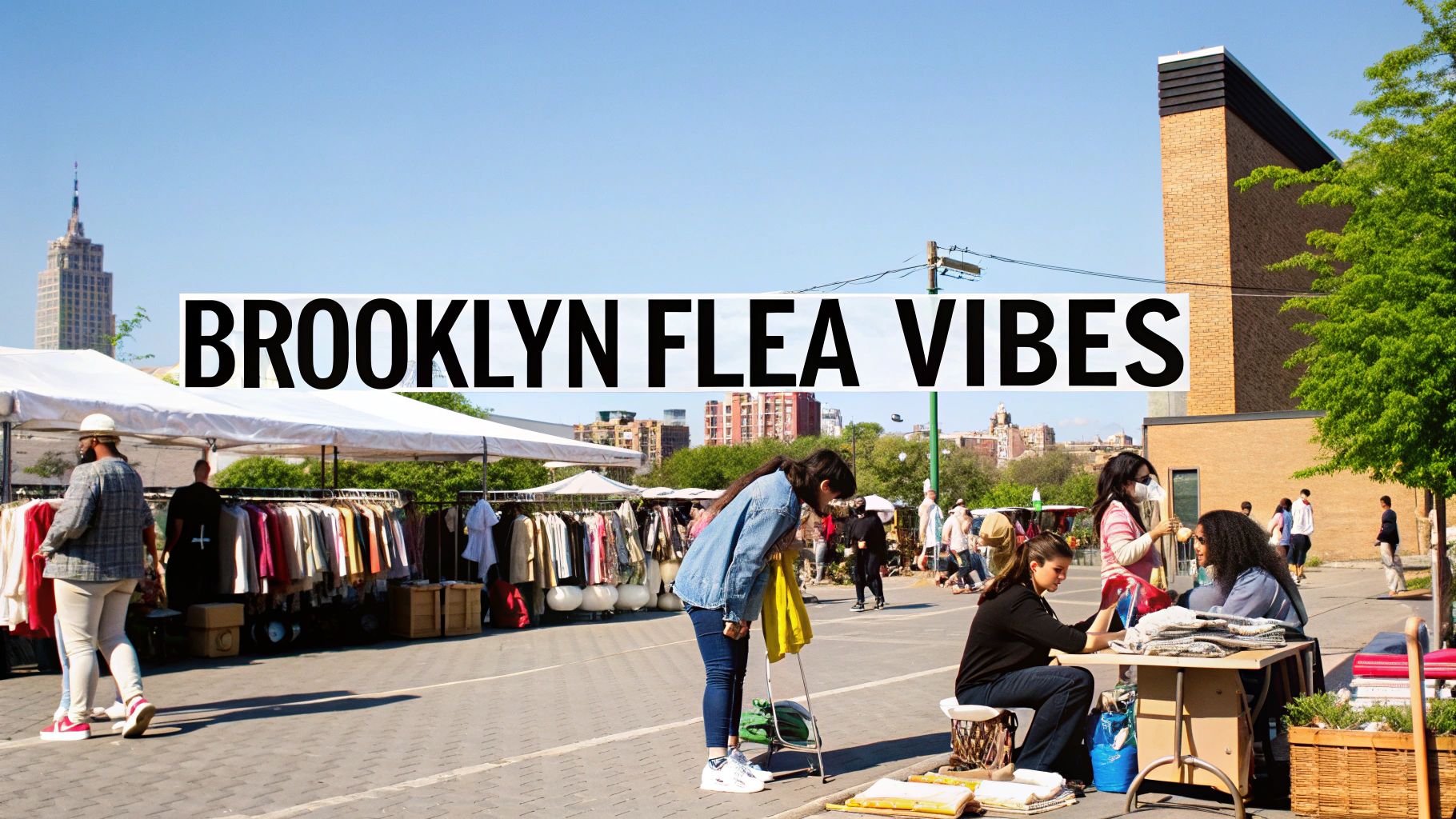 People browsing vintage clothing and goods at an outdoor Brooklyn Flea Market on a sunny day with city skyline.