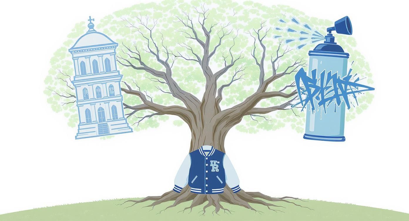 An illustration of a tree connecting a historical church, a spray paint can, and a varsity jacket.