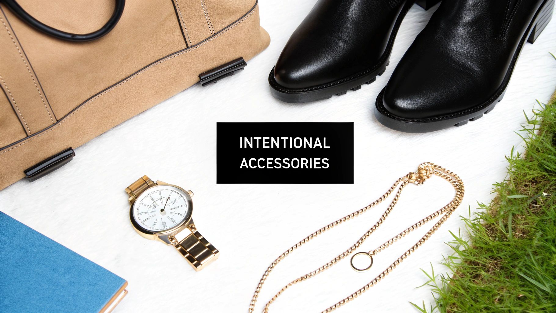 A person showing off intentional, stylish accessories like a watch and tote bag.