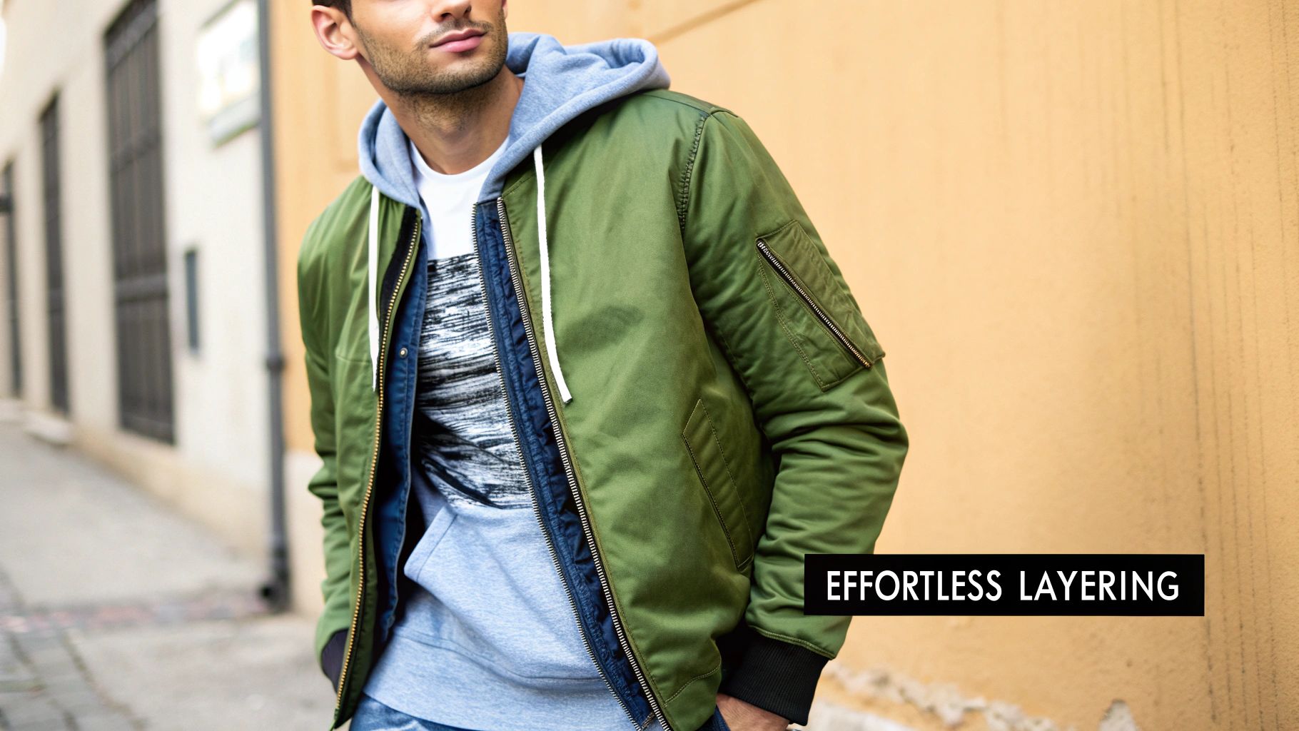 A man wears a green bomber jacket over a grey hoodie and patterned t-shirt, demonstrating effortless layering.