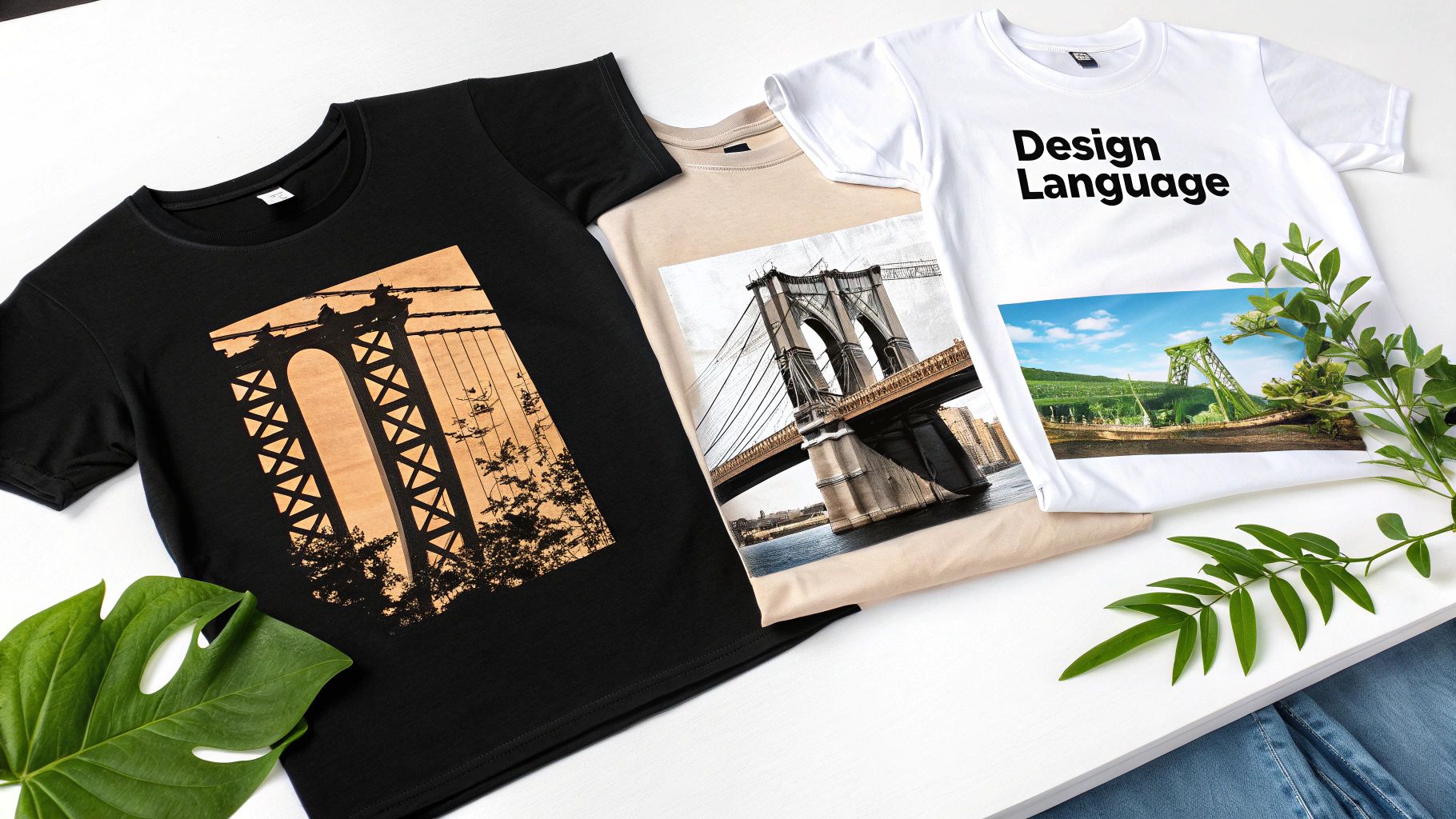Three graphic t-shirts featuring New York City bridges and a nature scene.