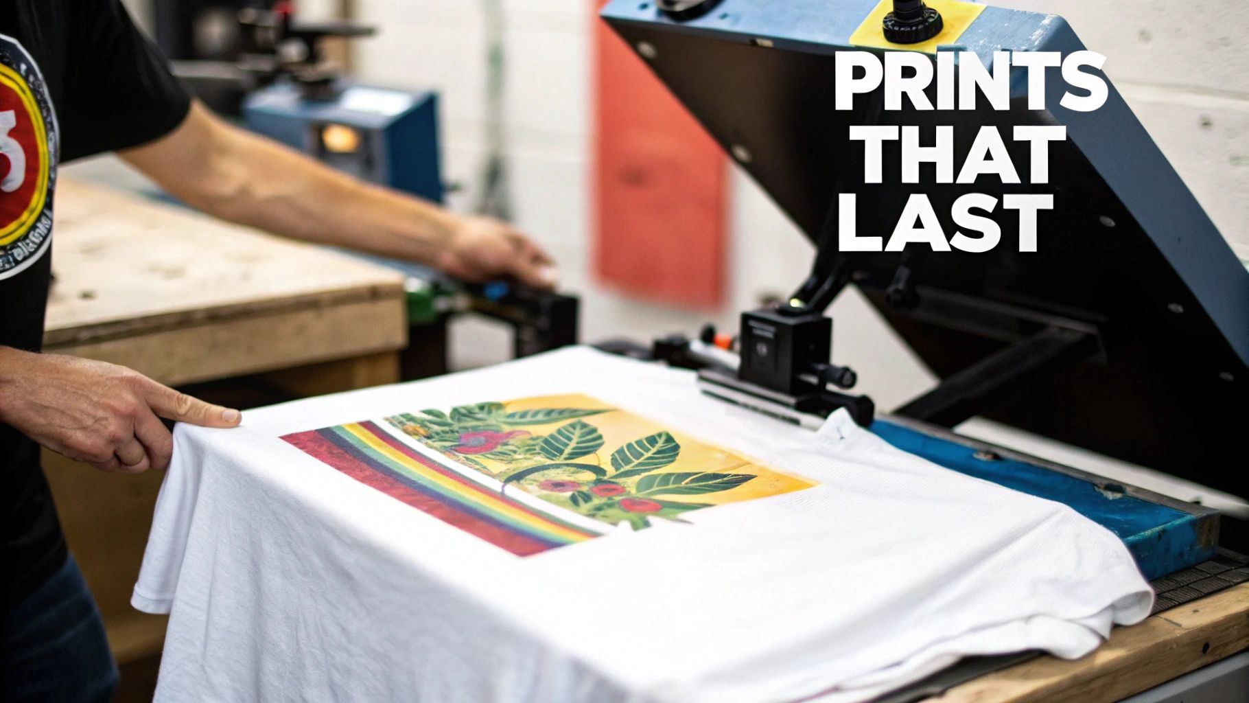 A person is carefully placing a white t-shirt with a vibrant tropical graphic print and rainbow stripe onto a heat press machine, emphasizing durable prints.