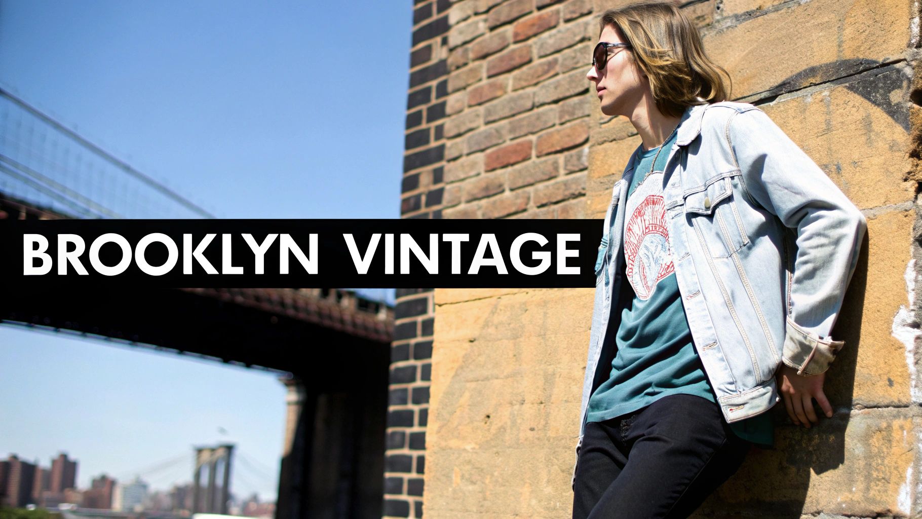 A person in a denim jacket and sunglasses leans against a brick wall with Brooklyn Bridge in the background. Text: Brooklyn Vintage.