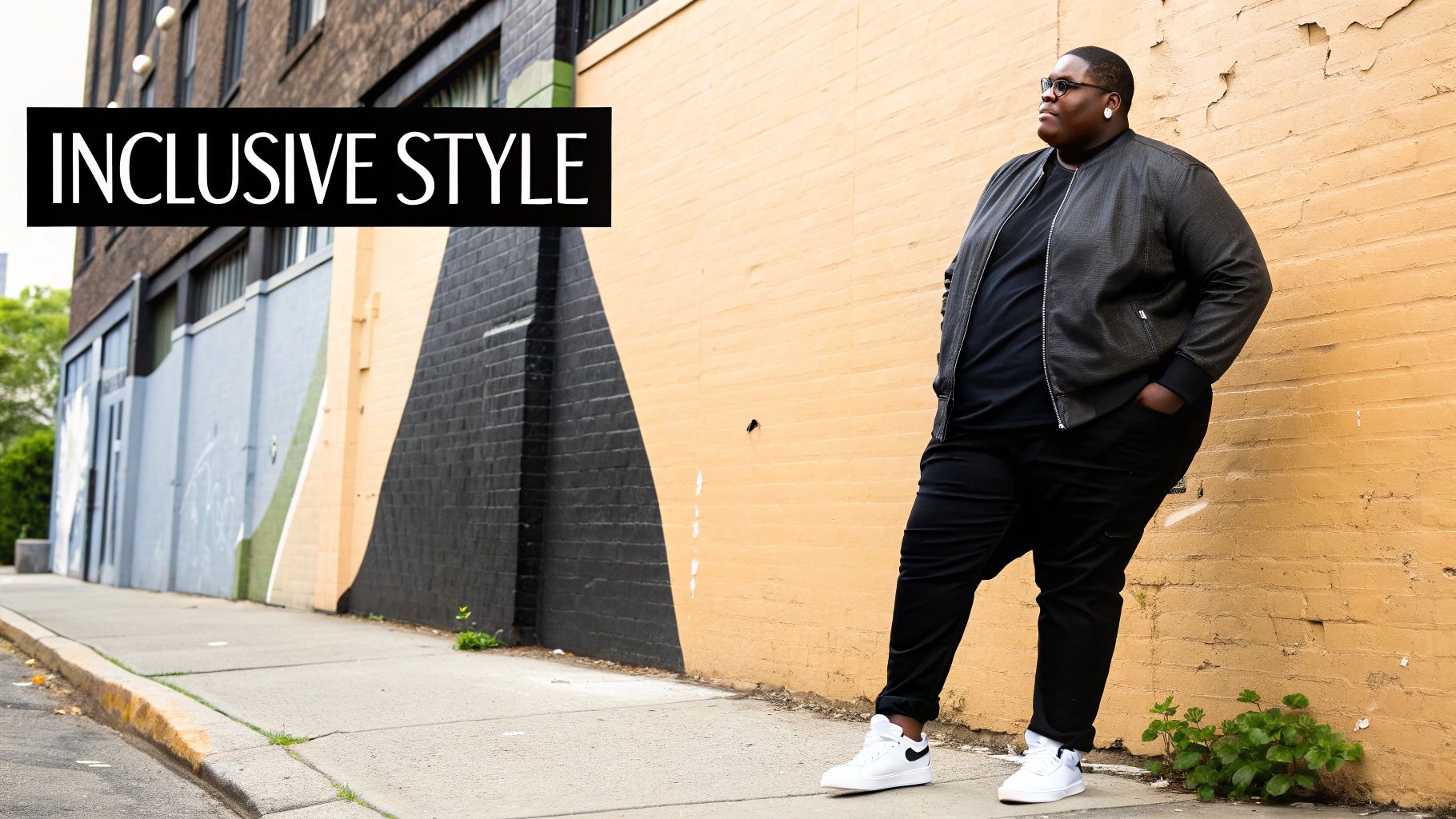 A stylish plus-size person in a black bomber jacket and pants, promoting inclusive style against an urban wall.