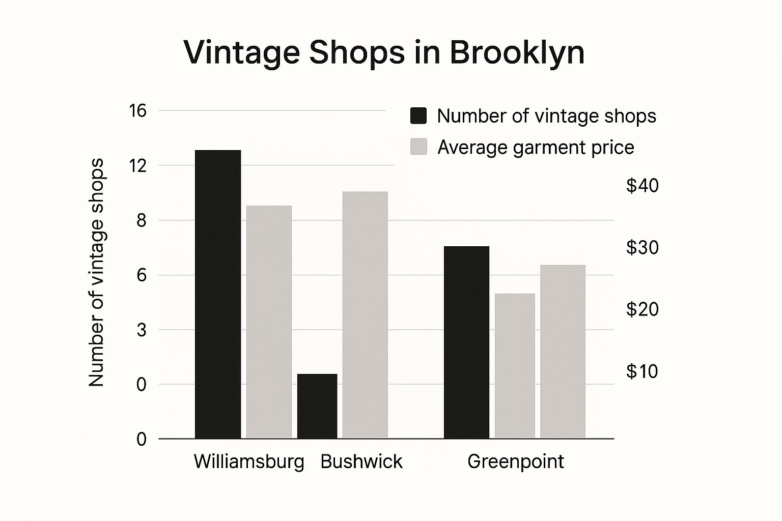 Infographic comparing the number of vintage shops and average garment price in Williamsburg, Bushwick, and Greenpoint