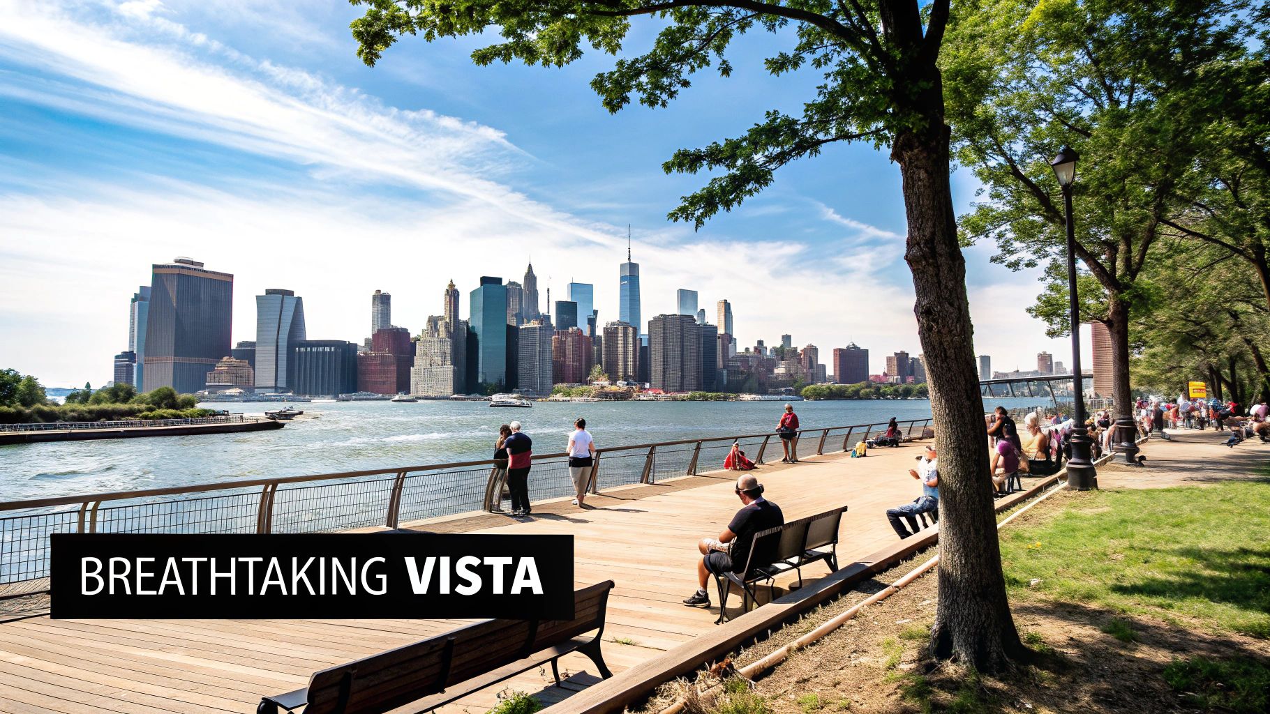 A wide-angle shot of the Brooklyn Heights Promenade with the Manhattan skyline in the background.