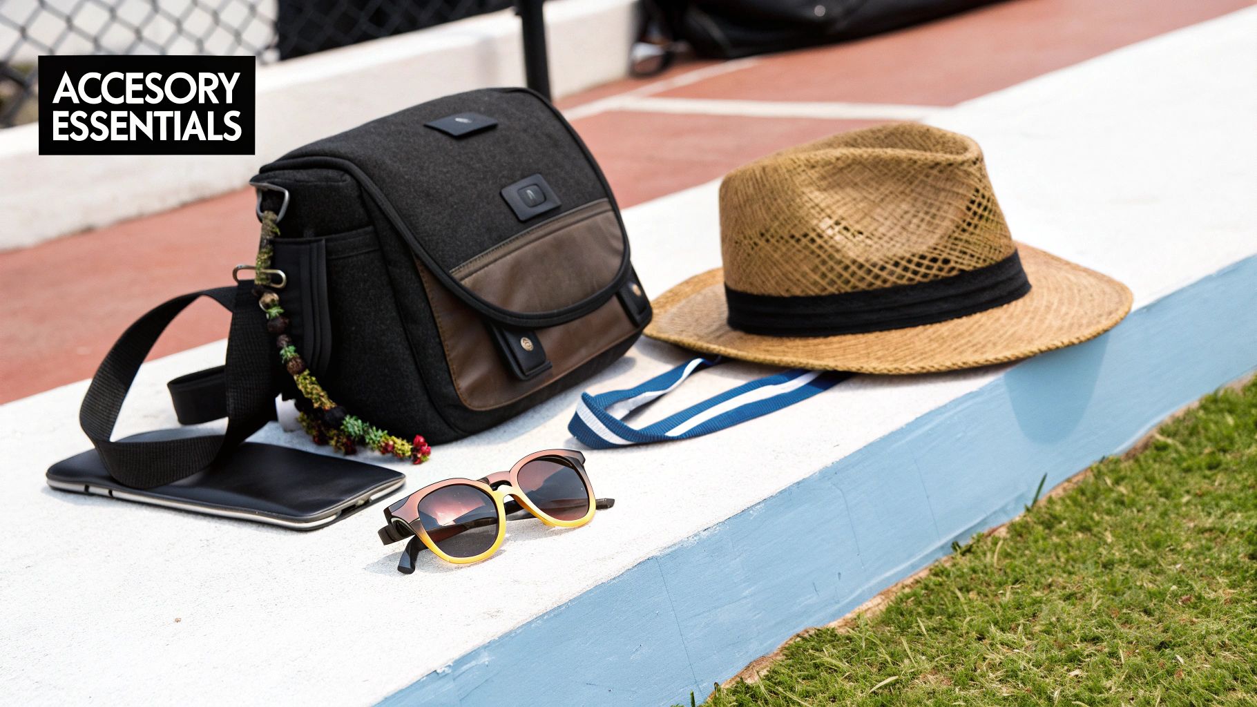 A curated collection of male festival essentials: a bag, hat, sunglasses, and tablet on a white ledge.