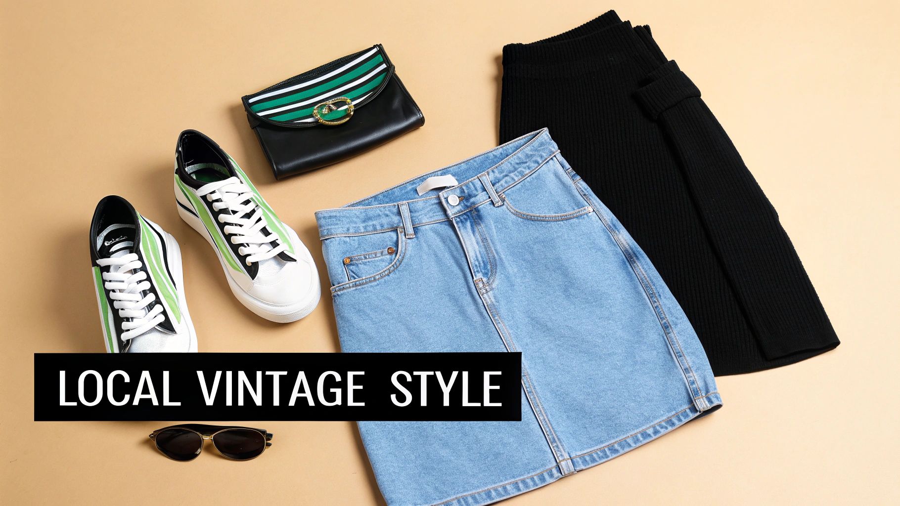 Flat lay of a vintage-style outfit featuring sneakers, a striped clutch, denim skirt, and black knit.