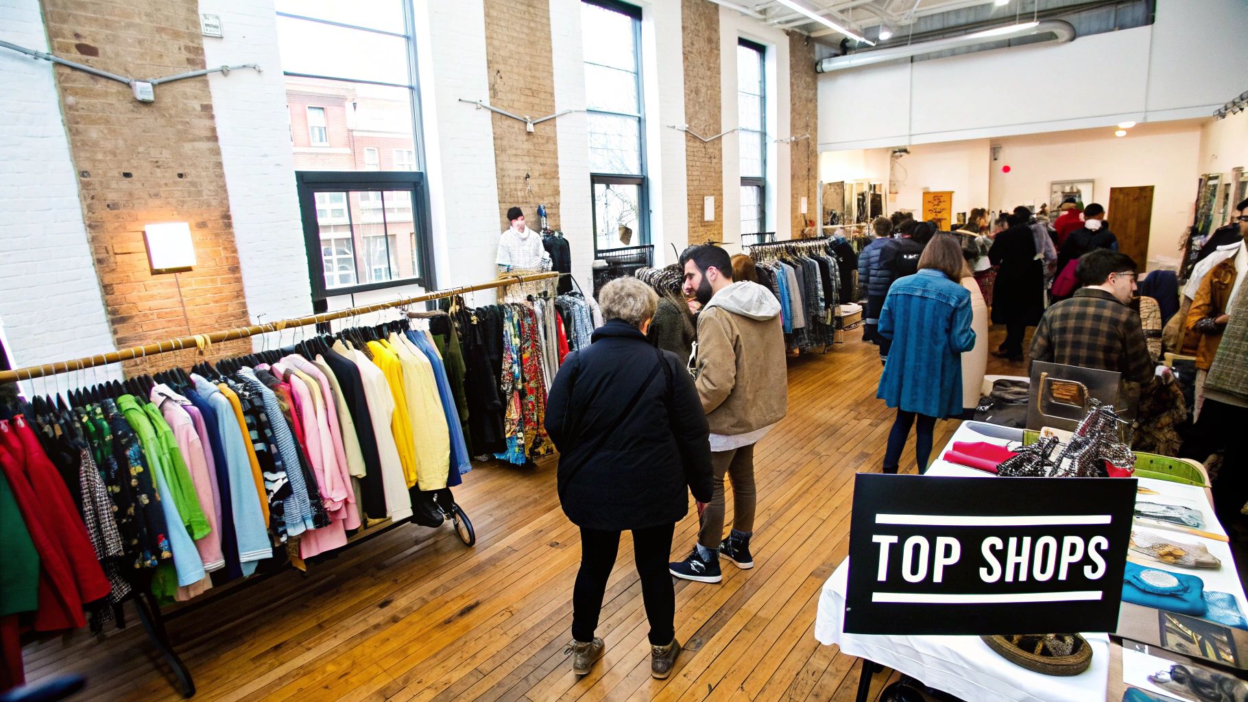 A curated rack of vintage clothing in a stylish Brooklyn boutique