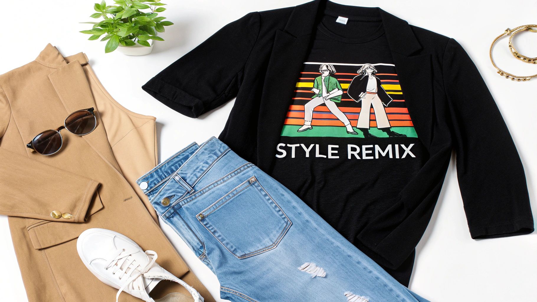 Trendy flat lay featuring a black graphic t-shirt, tan blazer, distressed jeans, and white sneakers.