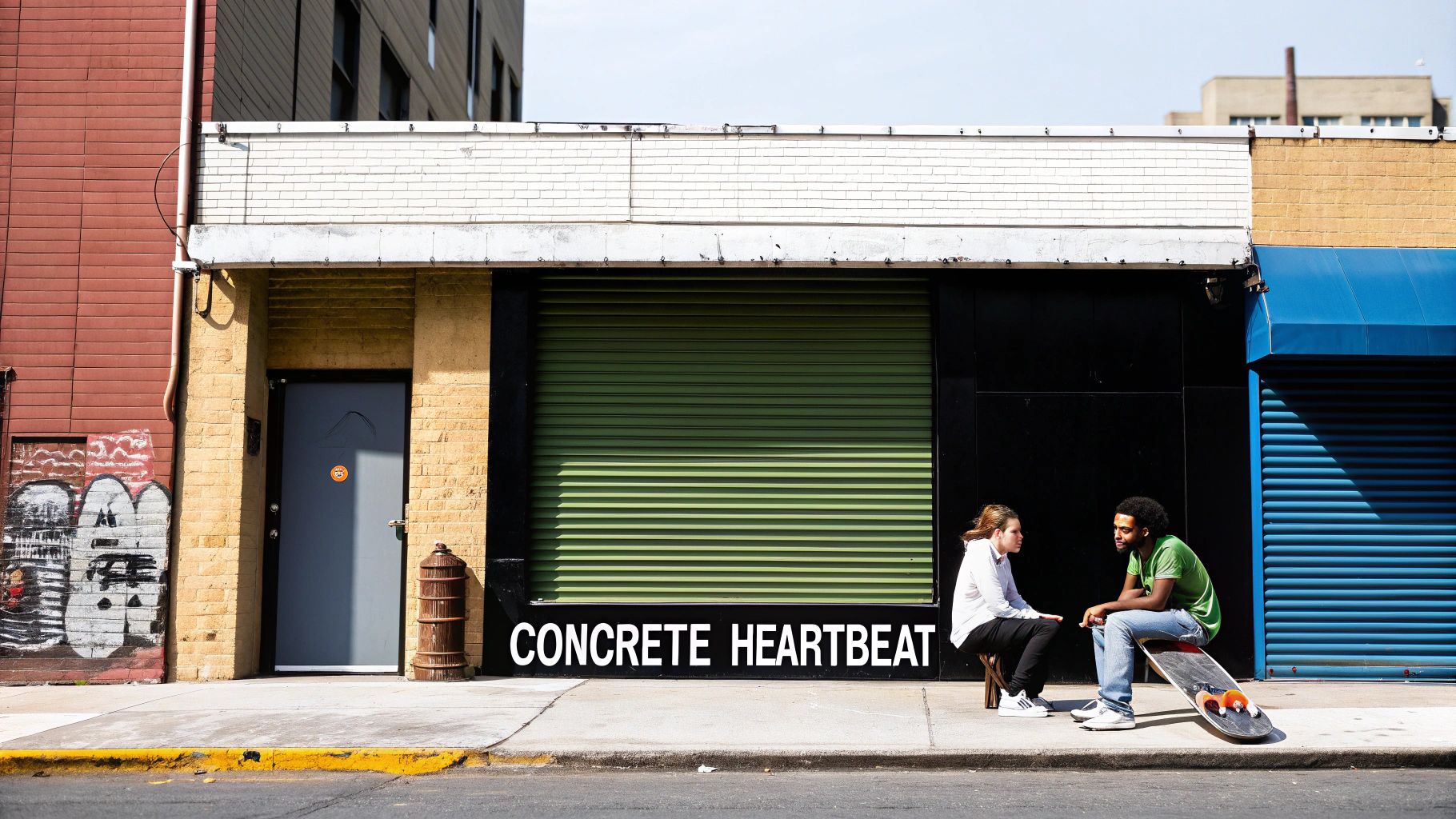 Two people chat on a city sidewalk in front of storefronts, one sitting on a skateboard.