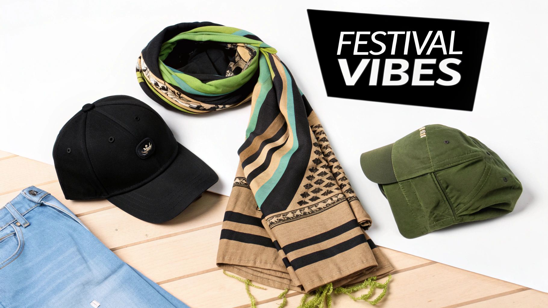 A flat lay of men's festival fashion: black cap, green cap, patterned scarf, and light blue jeans, with 'Festival Vibes' text.