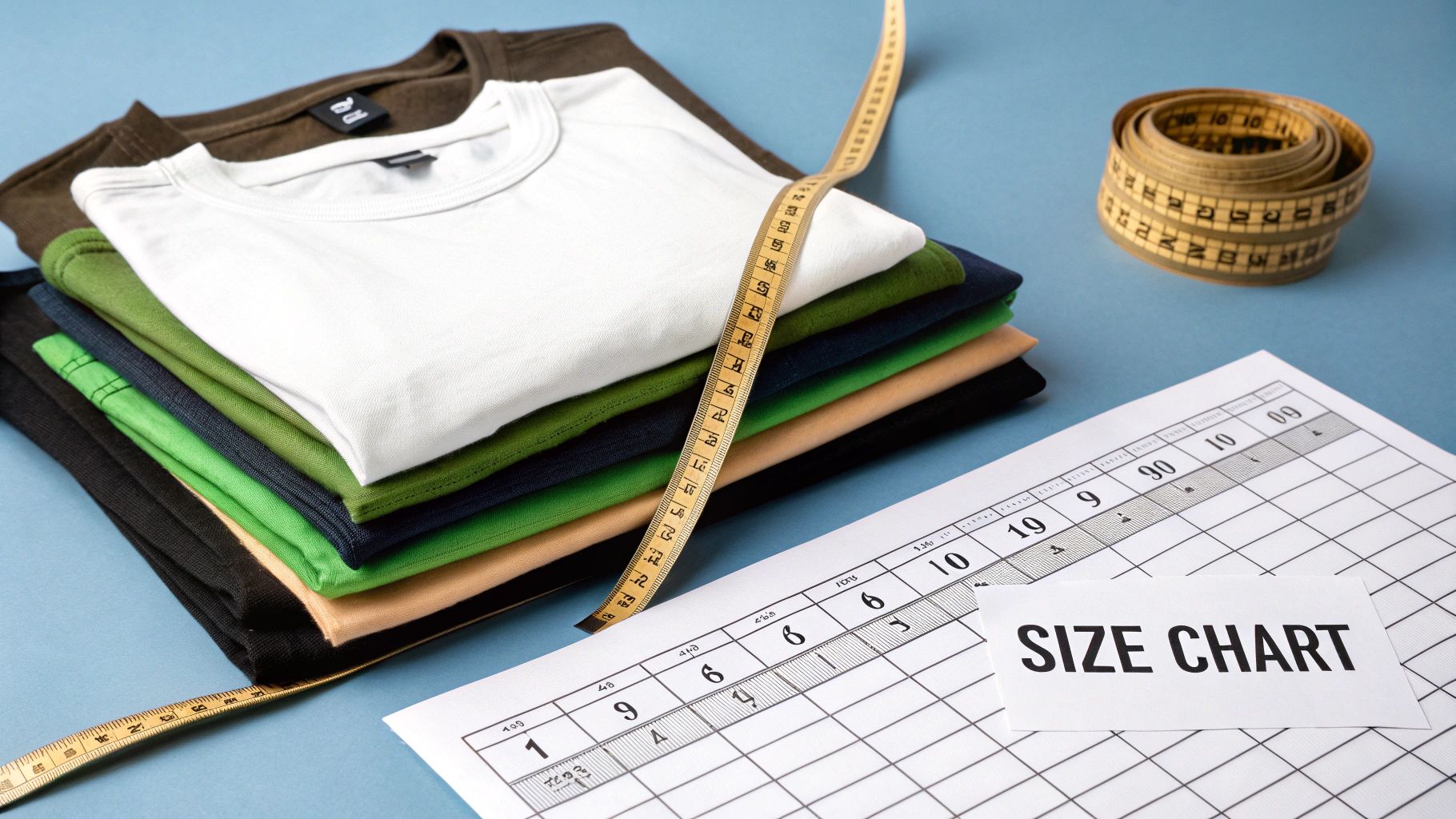 Stack of colorful folded t-shirts with measuring tape and size chart on blue background