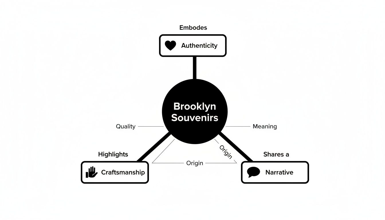 A concept map showing Brooklyn Souvenirs embody authenticity, highlight craftsmanship, and share a narrative.