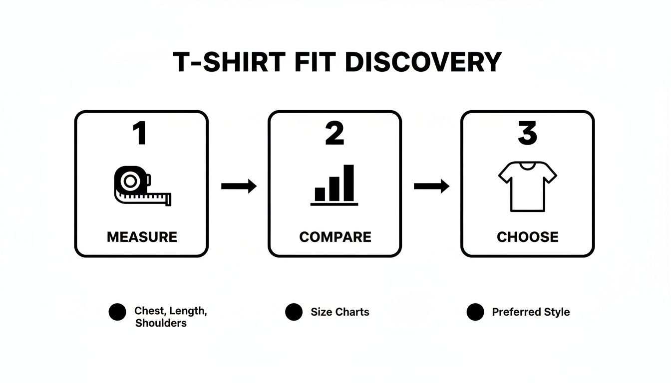 A T-shirt fit discovery guide with three steps: measure, compare with charts, and choose preferred style.