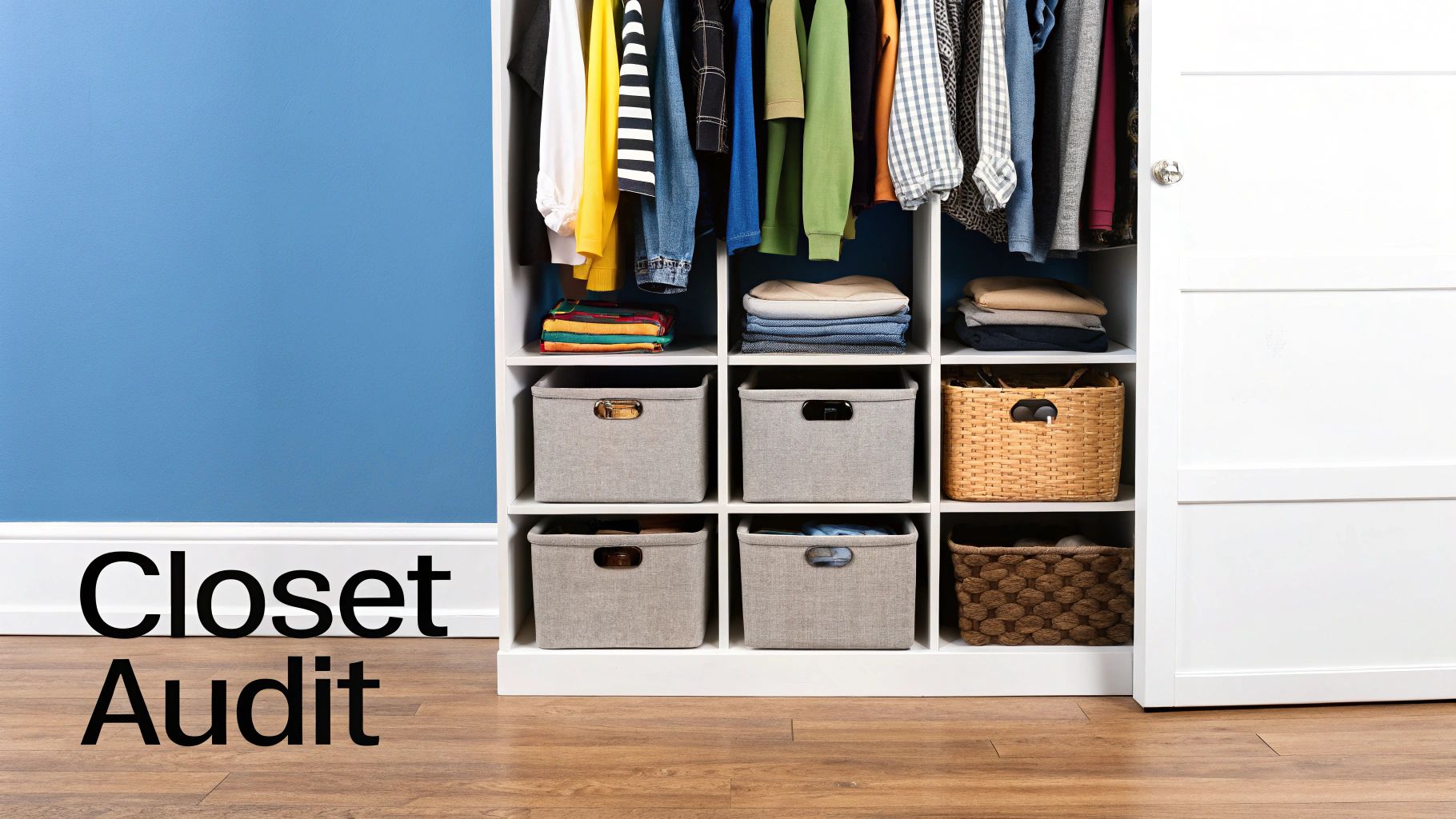 A woman sorting through clothes in her closet, creating piles on the floor