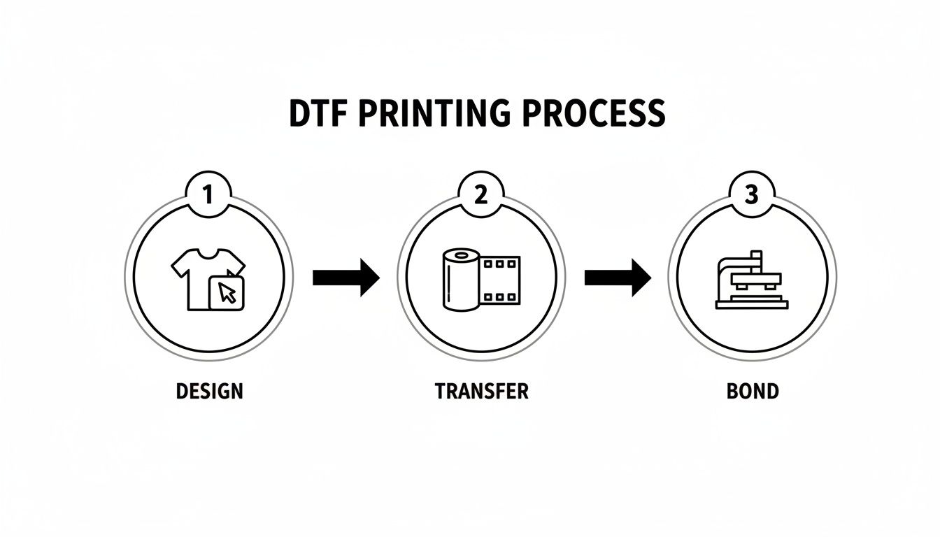 Diagram illustrating the three-step DTF printing process: design, transfer using film, and bonding.