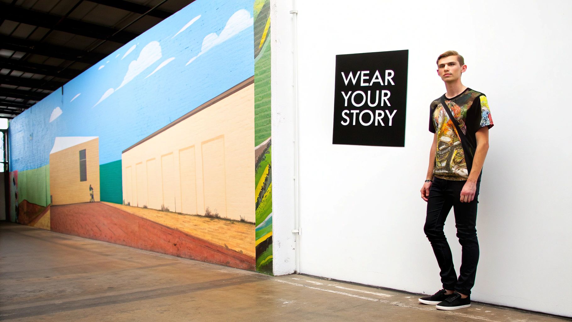 A young man in a graphic t-shirt poses next to a 'WEAR YOUR STORY' sign, with a colorful mural on the left.