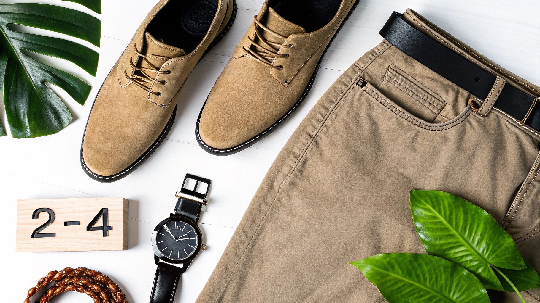 A man wearing a t-shirt and khaki pants with a stylish watch and sneakers.