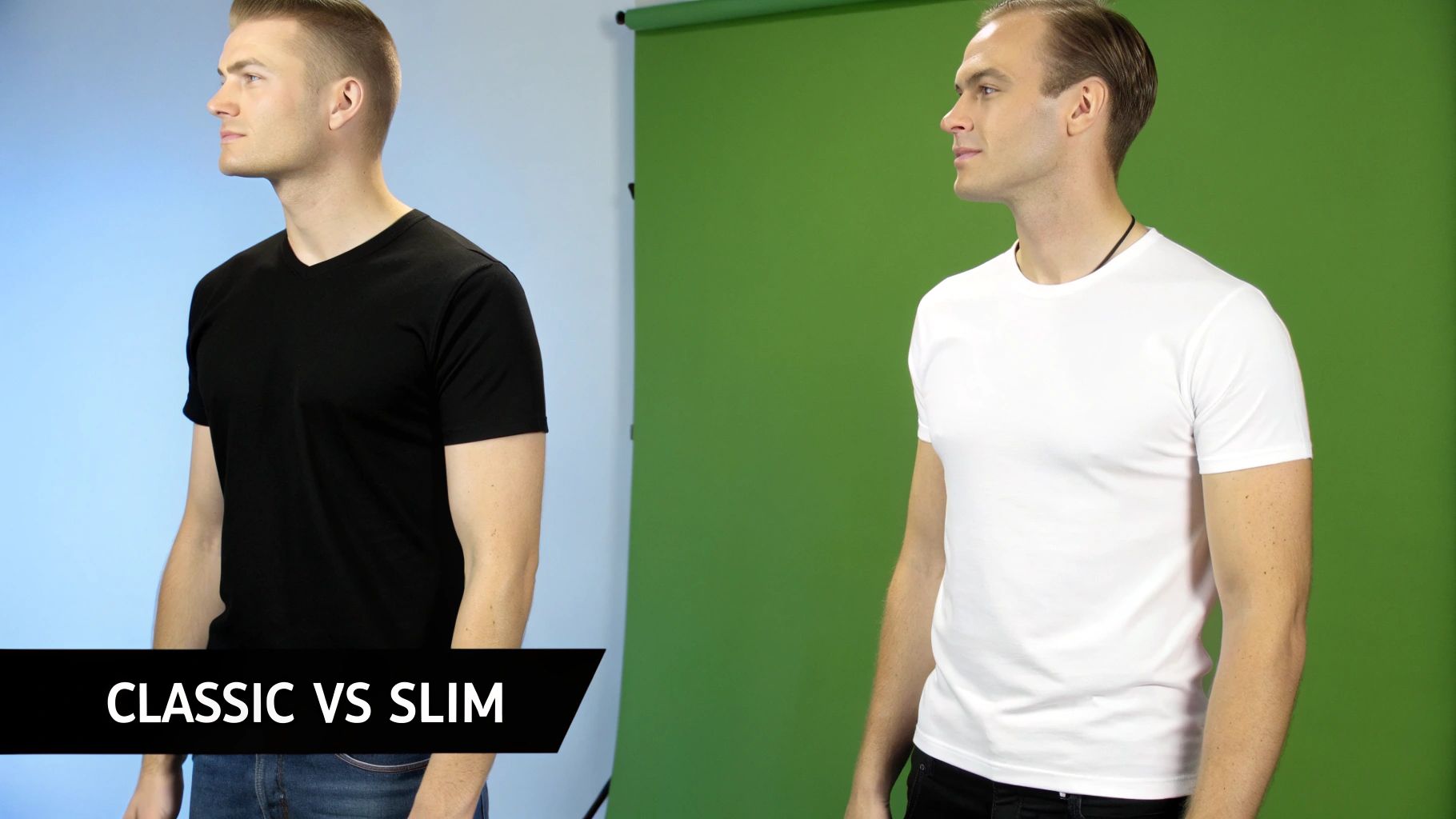 A man deciding between a classic fit and a slim fit t-shirt