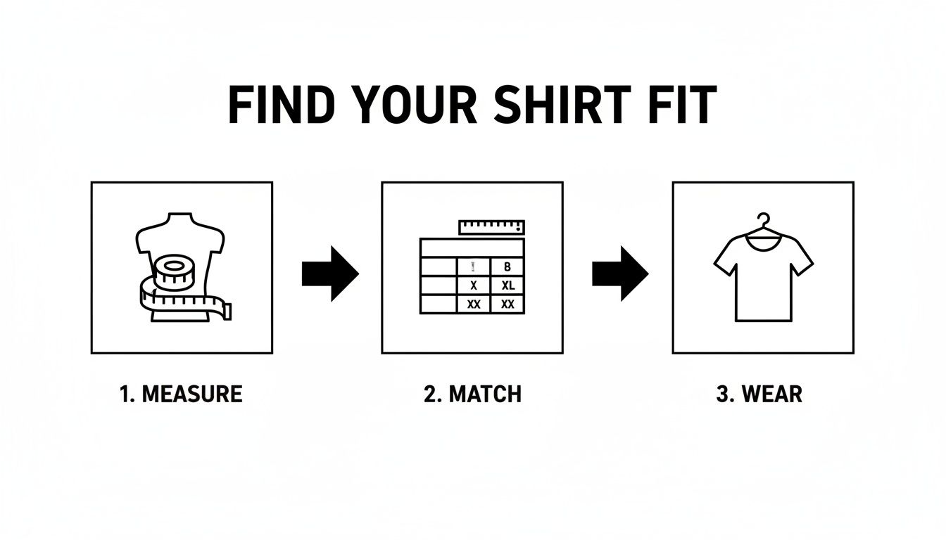 Illustration of three steps to find your perfect shirt fit: measure, match with a size chart, and wear.