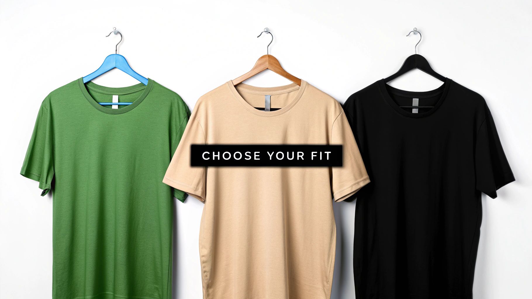 Front view of three different colored t-shirts, green, beige, and black, hanging on hangers with a 'CHOOSE YOUR FIT' banner.