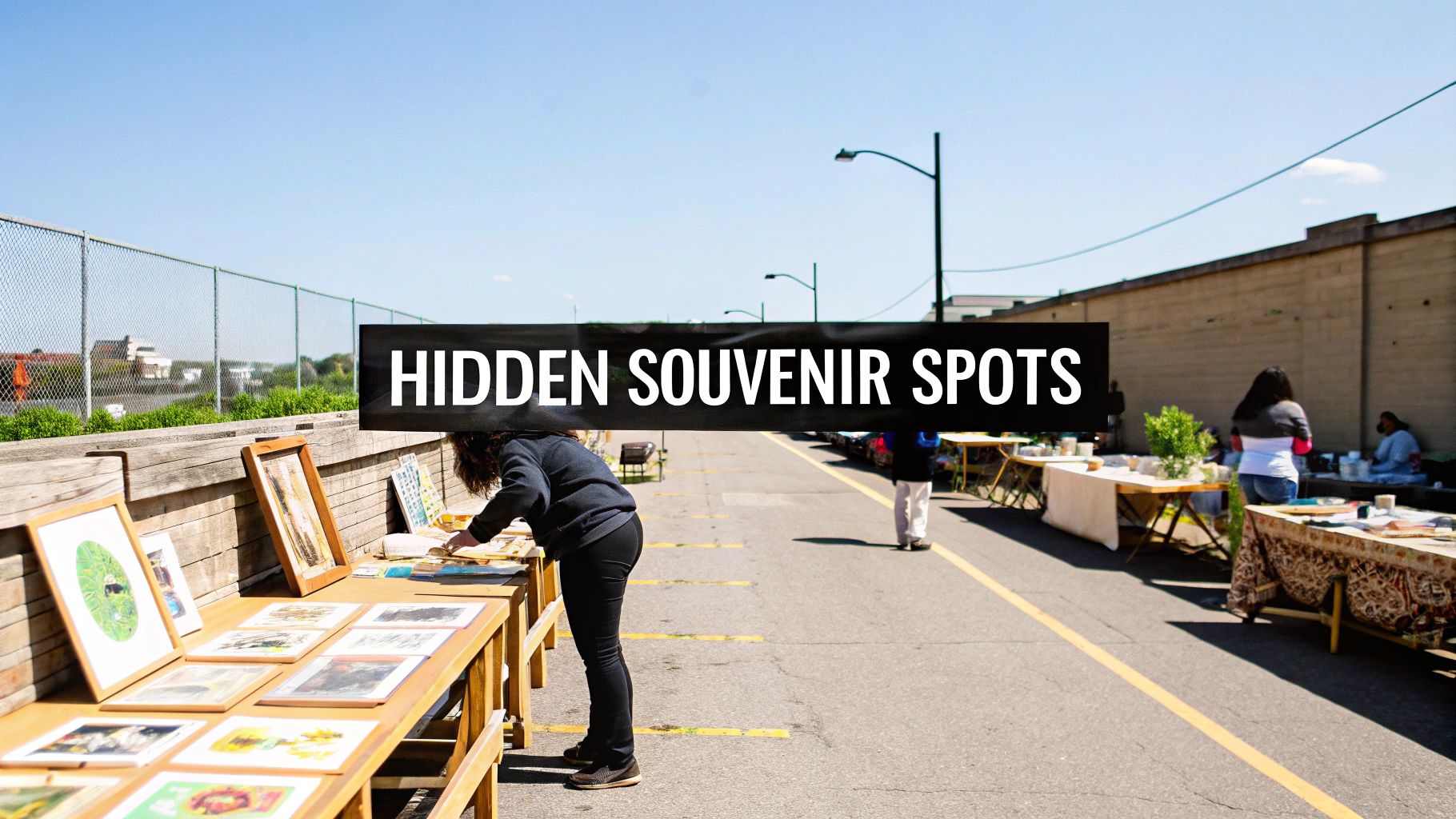 Outdoor market scene with people browsing framed art and various goods on wooden tables.